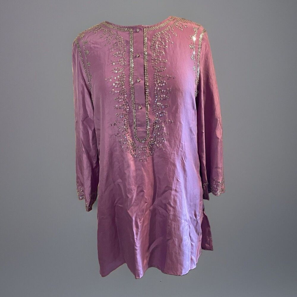 READ NWT Vintage Arden B. 100% Silk Lilac Sequin Tunic Top Size L Embellished